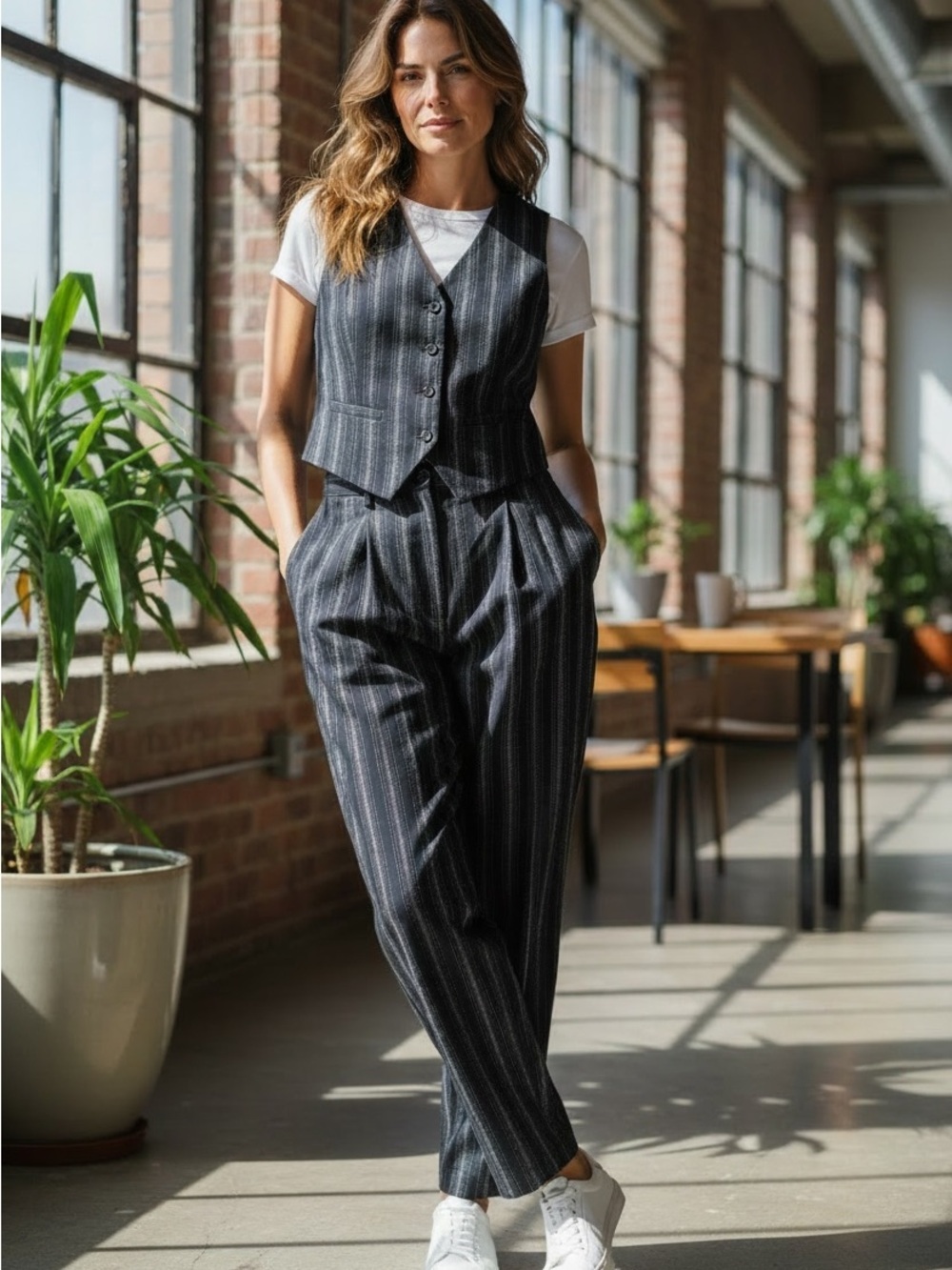 Vintage Pin Striped Tailored Waistcoat Trouser Black Silver Wool Blend 90’s Set